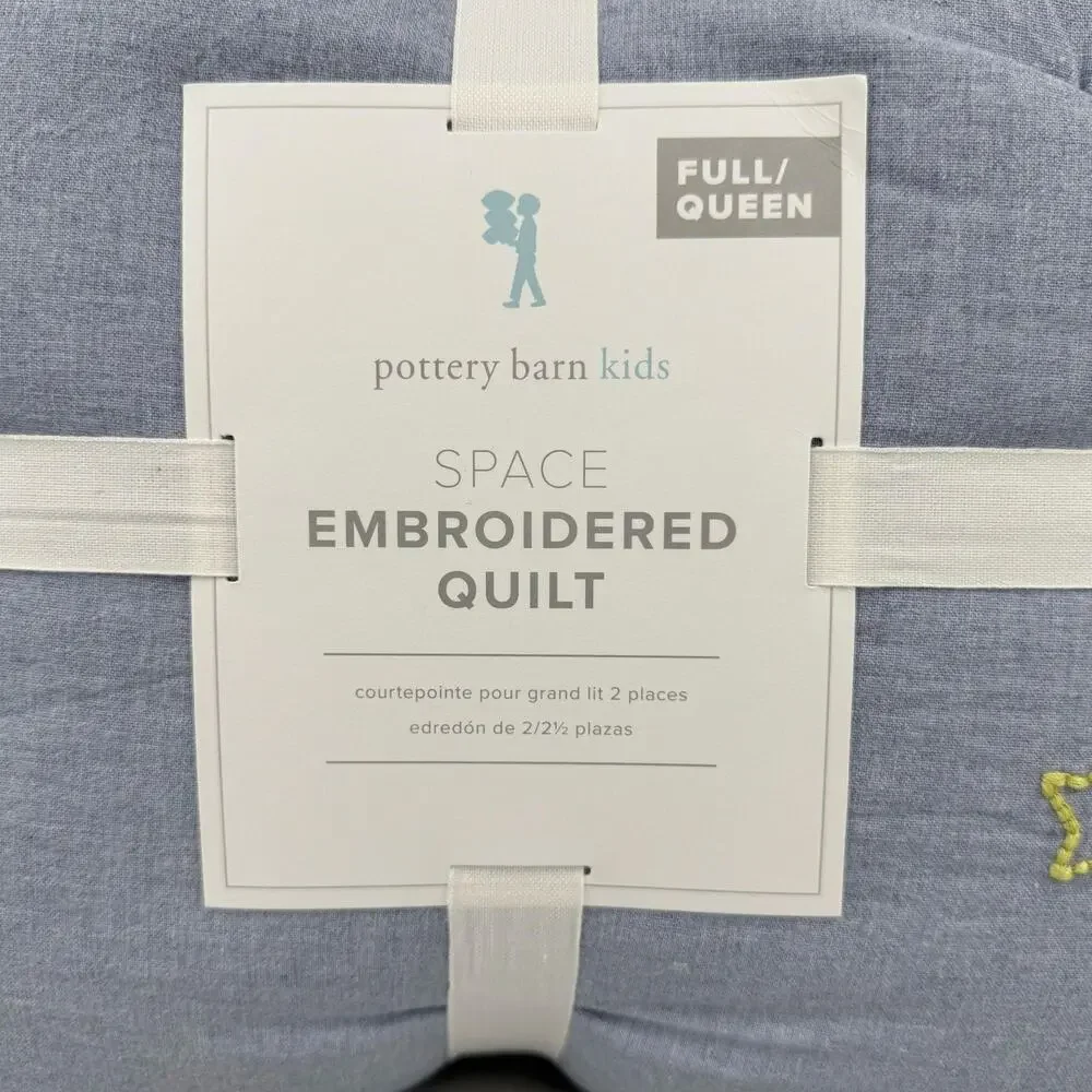 Pottery Barn Kids Space Embroidered Quilt FULL/QUEEN Chambray Blue Stars New